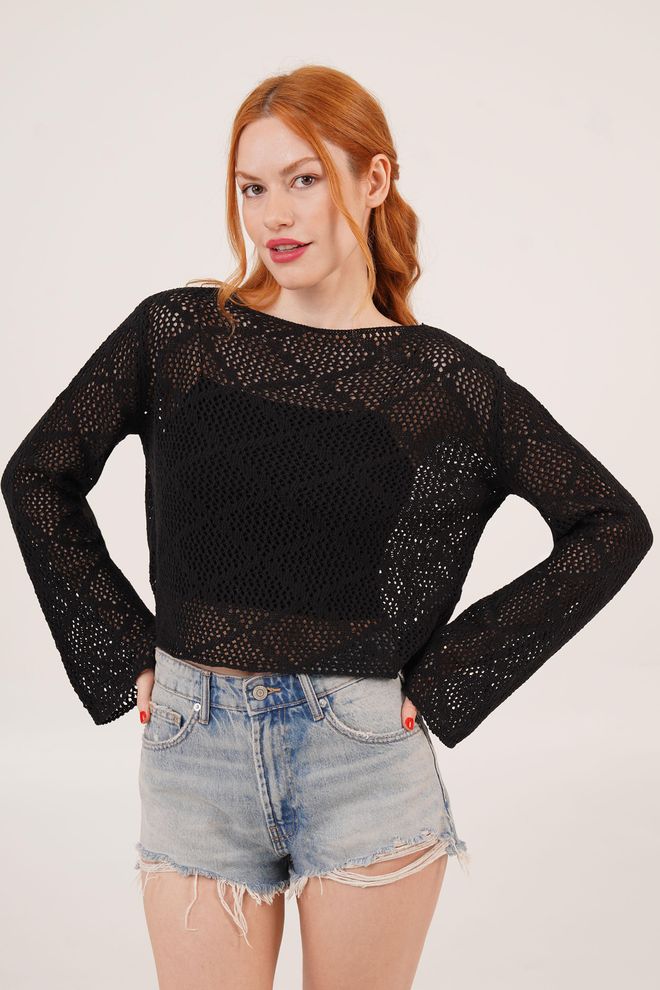 Lustrin Blouse Noire Ajourée Détaillée À Col Bateau Et Manches Volantées Vêtements en gros Décontracté