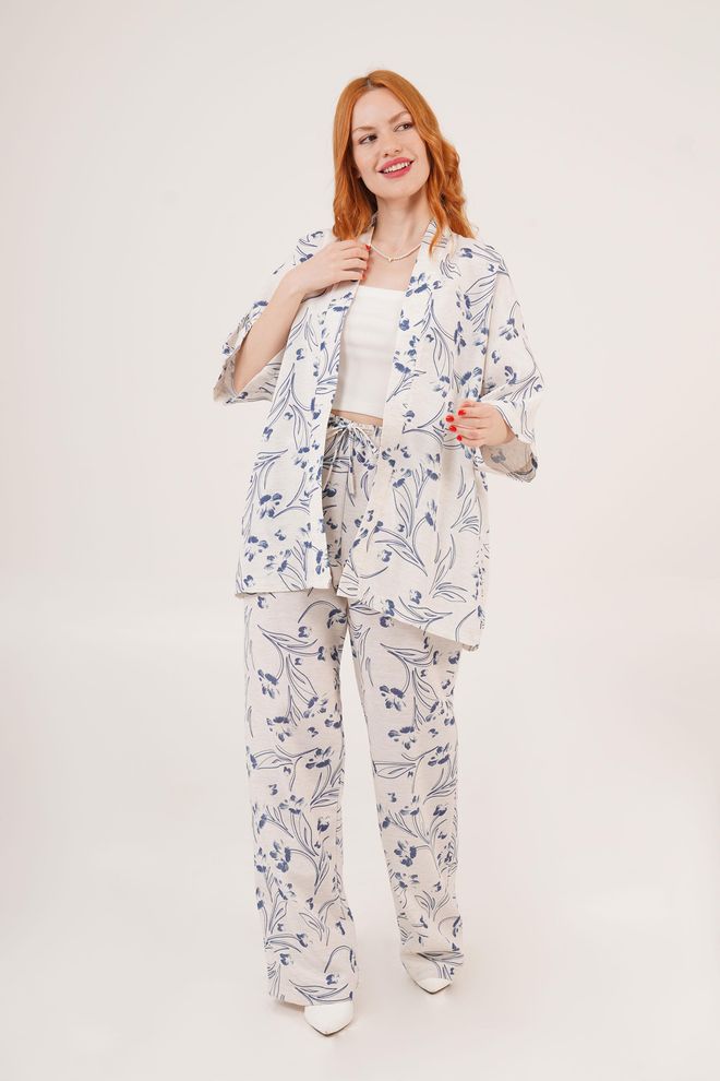 Lustrin Vente En Gros De Costume Double Écru À Motif Floral Bleu Vêtements en gros Décontracté