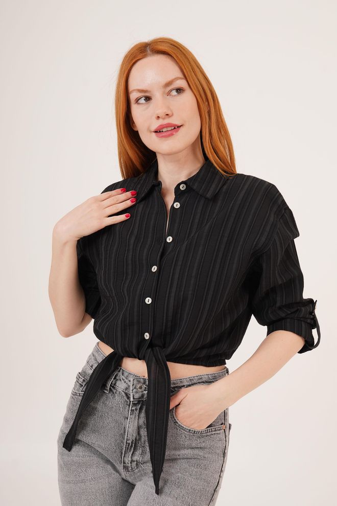 Lustrin Chemise Noire Tie Up Detailed Crop Wholesale Vêtements en gros Décontracté