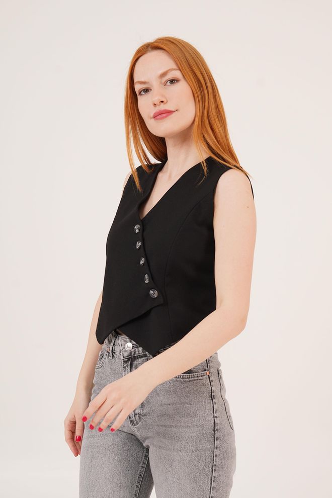 Lustrin V Yaka Düğmeli Üçgen Kesim Toptan Siyah Yelek Toptan Giyim Bahar