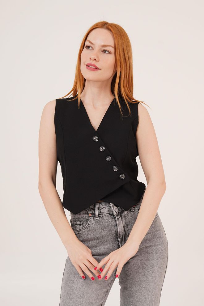 Lustrin V Yaka Düğmeli Üçgen Kesim Toptan Siyah Yelek Toptan Giyim 5