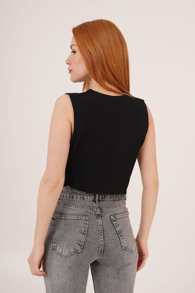 Lustrin V Yaka Düğmeli Üçgen Kesim Toptan Siyah Yelek Toptan Giyim 4