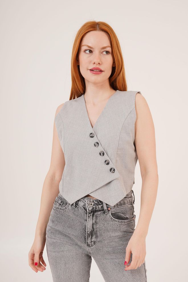 Lustrin Colete Cinza Por Atacado Com Corte Triangular E Botões De Decote Em V Roupas por atacado Casual