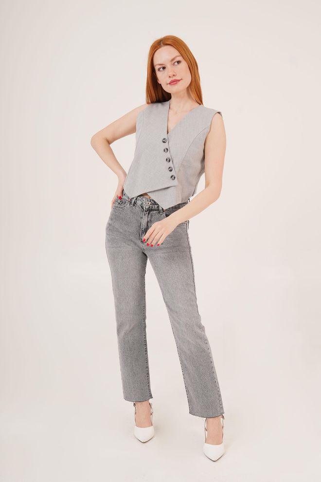 Lustrin Оптовый Серый Жилет Треугольного Кроя С Пуговицами V образного Выре Оптовая продажа одежды Вискоза