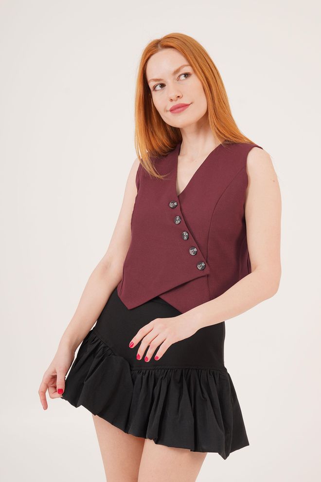 Lustrin Colete Cor De Vinho Por Atacado Com Corte Triangular E Botões De Decote Em V Roupas por atacado Casual