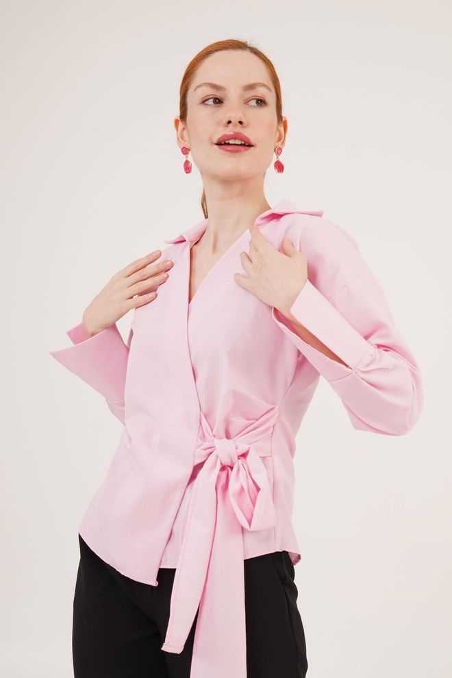Lustrin Camisa Rosa Por Atacado Detalhada De Gola Dupla Com Cordão Lateral Roupas por atacado Casual