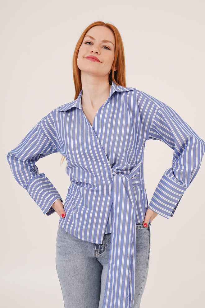 Lustrin Camisa Al Por Mayor Azul A Rayas Con Detalle De Lazo Lateral Ropa al por mayor Formal