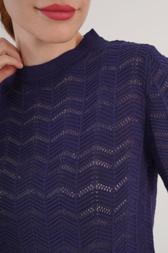 Lustrin Navy Blue Blouse With Herringbone Pattern And High Neck Wholesale Clothing Spring