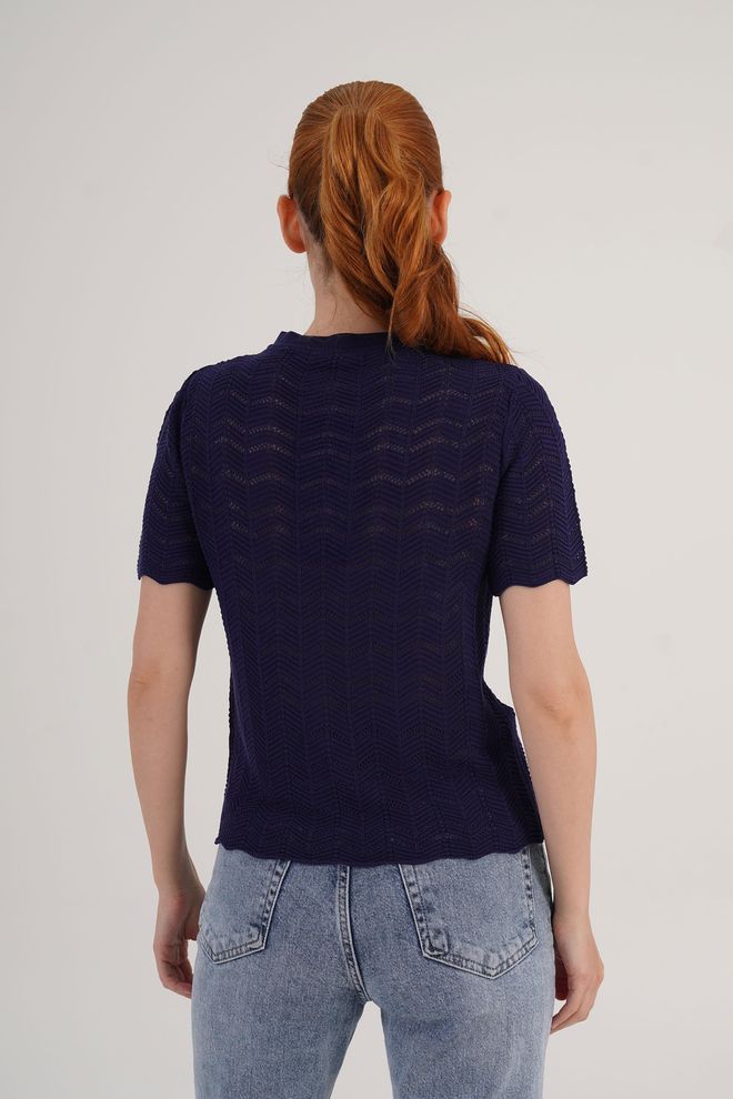 Lustrin Navy Blue Blouse With Herringbone Pattern And High Neck Wholesale Clothing Elegant
