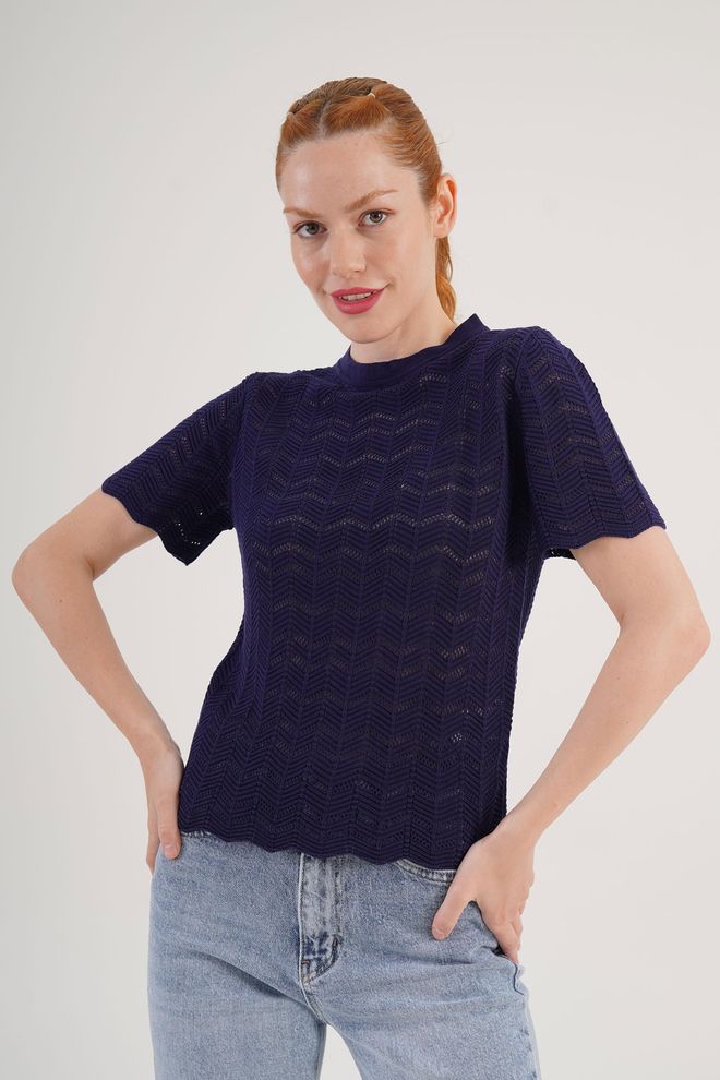 Lustrin Navy Blue Blouse With Herringbone Pattern And High Neck Wholesale Clothing Lounge