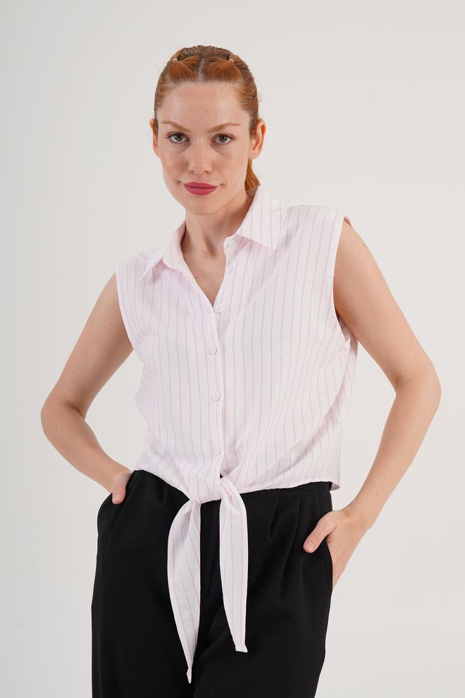 Lustrin Chemise Décontractée Blanche Rayée Avec Encolure Échancrée Vêtements en gros Décontracté