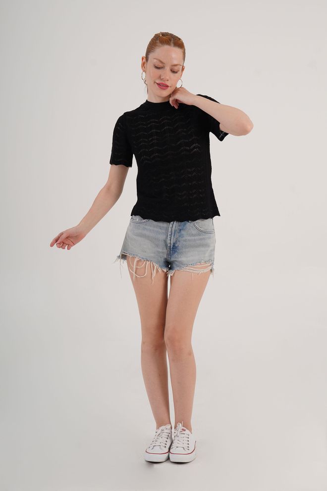 Lustrin Black Blouse Casual Elegant High Neck Short Sleeve Wholesale Clothing 1