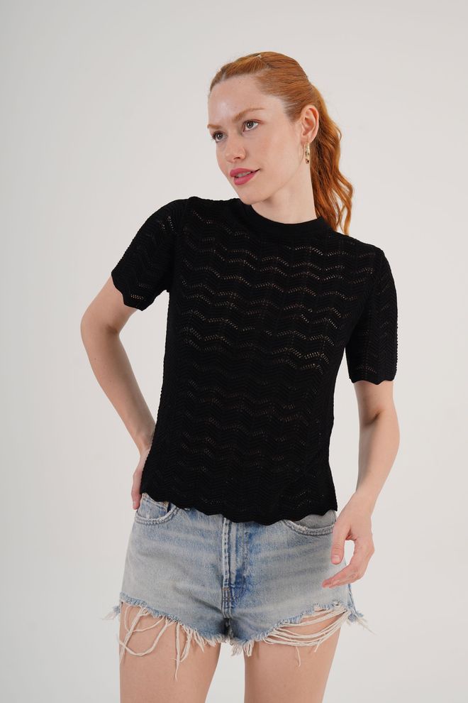 Lustrin Black Blouse Casual Elegant High Neck Short Sleeve Wholesale Clothing Lounge