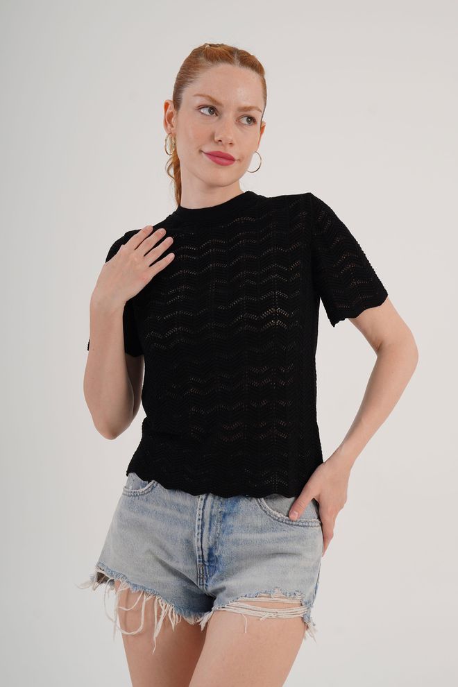 Lustrin Μαύρο Μπλούζα Casual Κομψό Ψηλή Λαιμόκοψη Κοντό Μανίκι Χονδρικό εμπόριο ενδυμάτων Casual