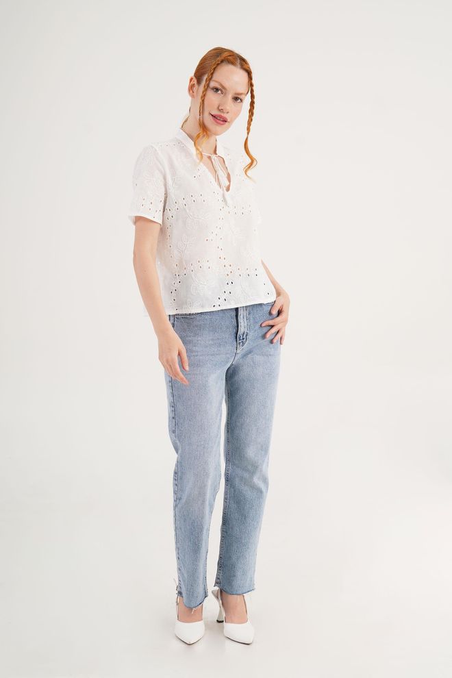 Lustrin Λευκή Φλοράλ Μπλούζα Casual Boho Χονδρικό εμπόριο ενδυμάτων Απλό