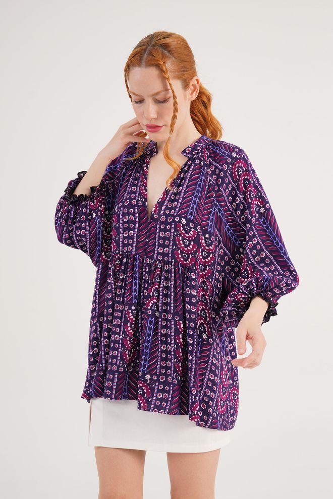 Lustrin Lila Boho Oversize Shirt Mit Rüschenärmel Großhandelskleidung Lässig