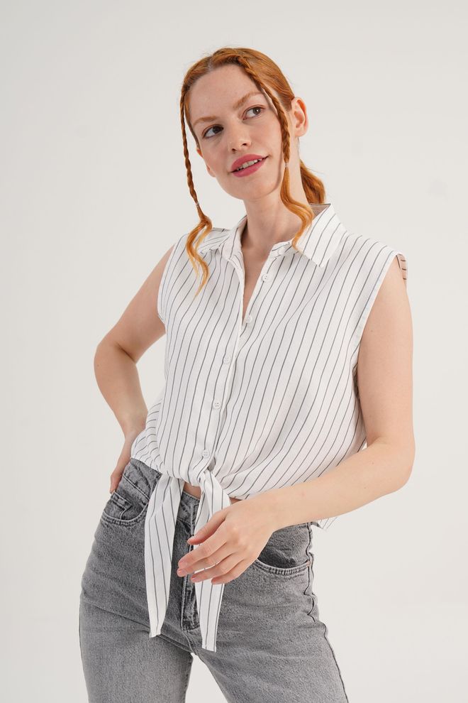 Lustrin Λευκό Casual Ριγέ Αμάνικο Κροπ Πουκάμισο Χονδρικό εμπόριο ενδυμάτων Casual