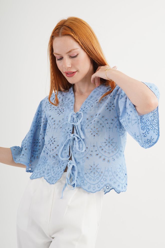 Lustrin Camisa Corta Azul Bohemia Floral Con Lazo Ropa al por mayor Casual