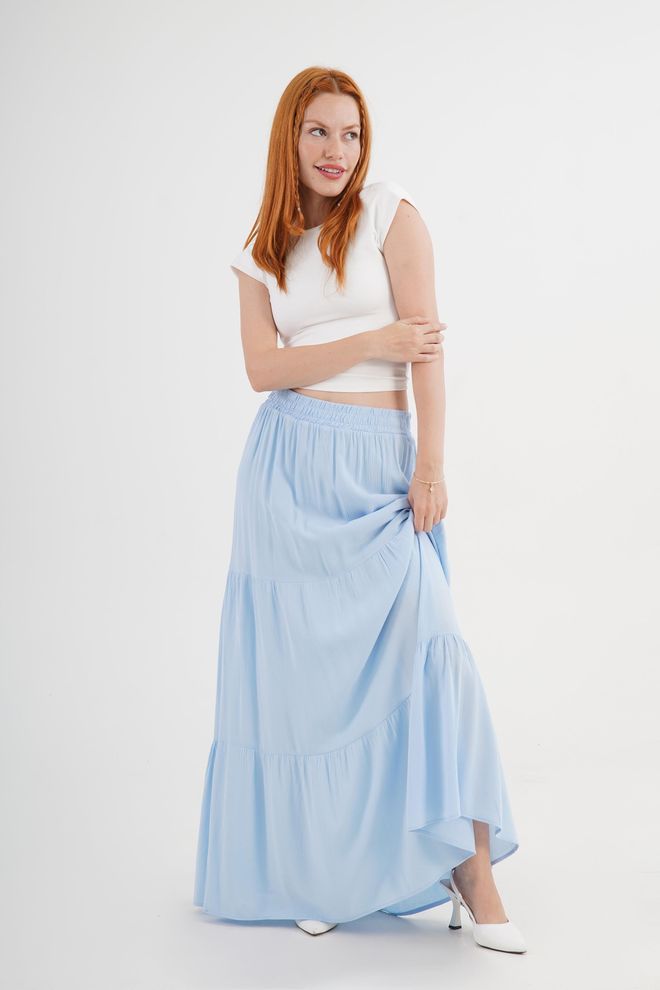 Lustrin Gonna Maxi Blu A Strati Vita Media Casual Boho Abbigliamento all'ingrosso Casuale