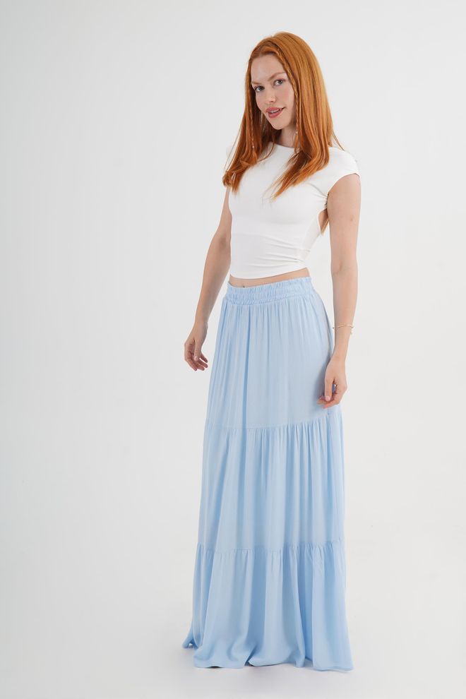 Lustrin Blue Layered Maxi Skirt Mid Waist Casual Boho Wholesale Clothing Spring