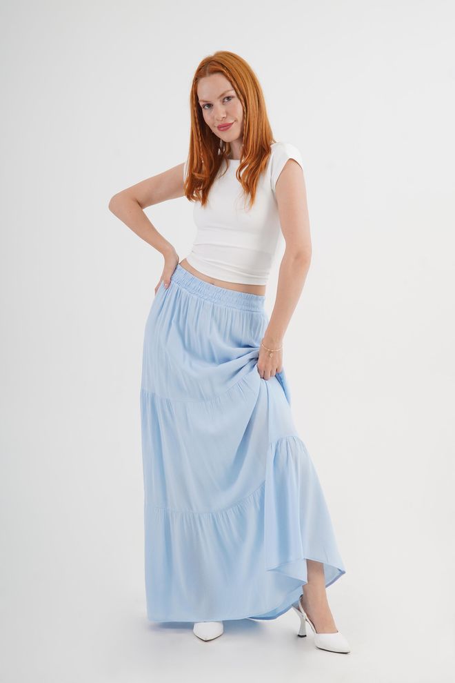 Lustrin Blue Layered Maxi Skirt Mid Waist Casual Boho Wholesale Clothing Beach