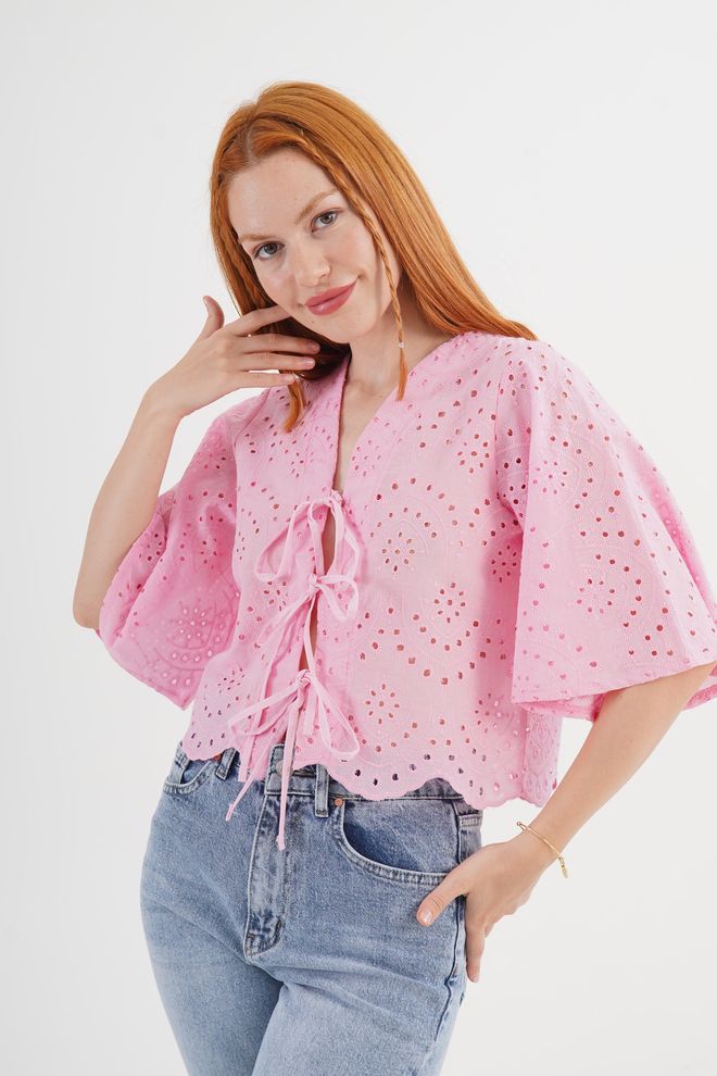 Lustrin Pembe Gündelik Boho Gömlek Bağlamalı Toptan Giyim Gündelik