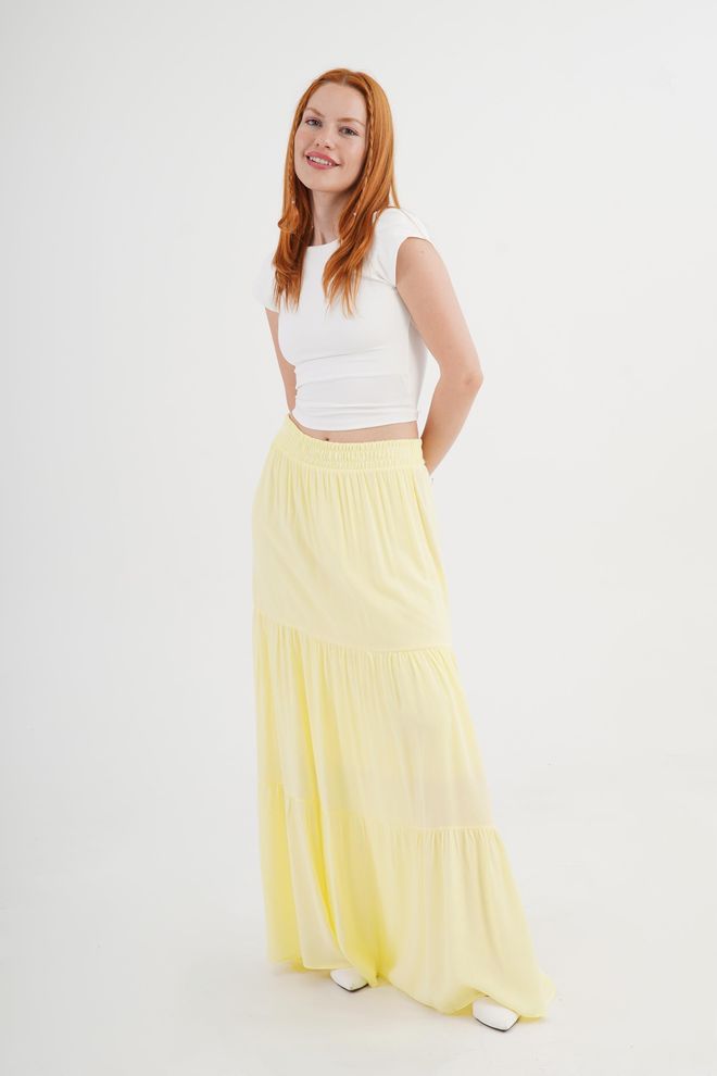 Lustrin Yellow Layered Maxi Skirt With Mid Waist Wholesale Clothing Beach