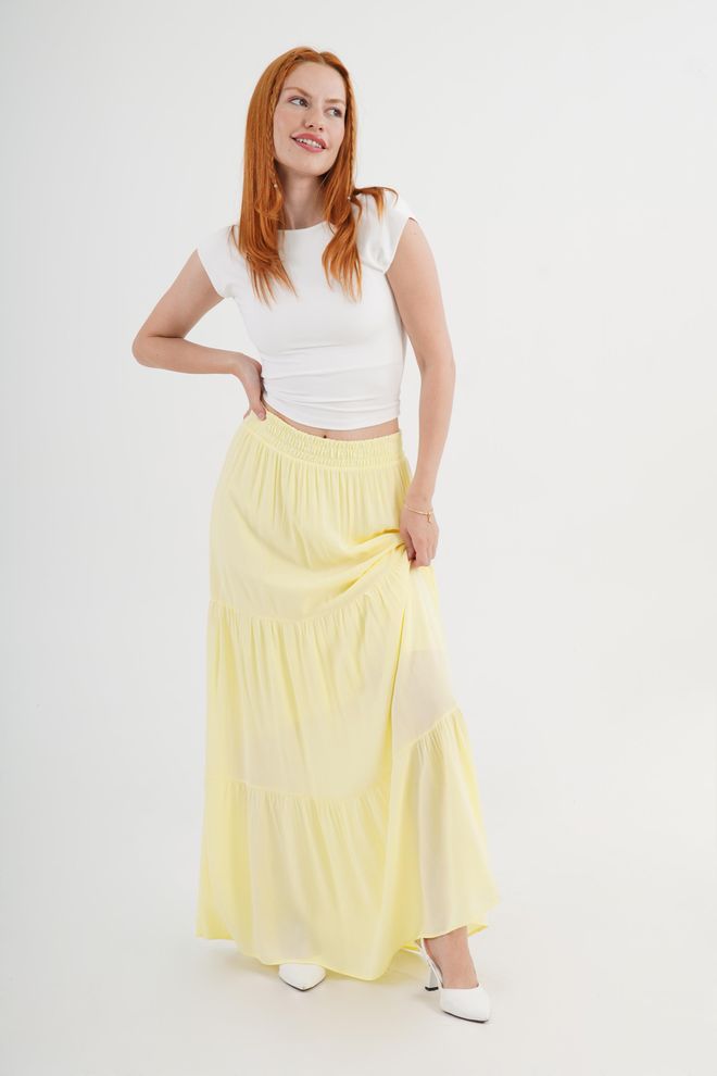 Lustrin Yellow Layered Maxi Skirt With Mid Waist Wholesale Clothing Spring