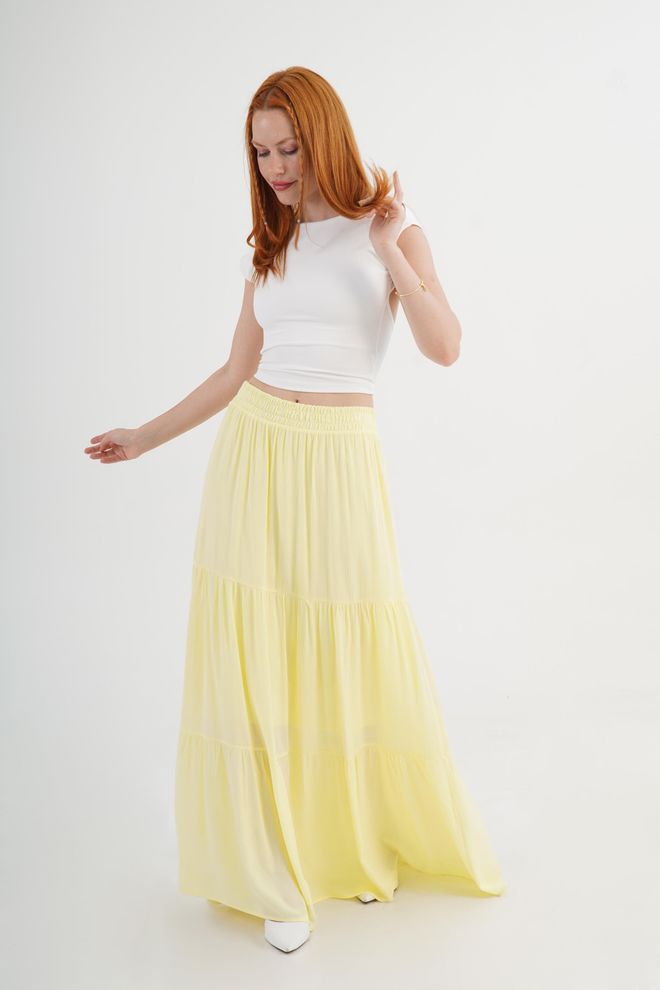Lustrin Yellow Layered Maxi Skirt With Mid Waist Wholesale Clothing 1