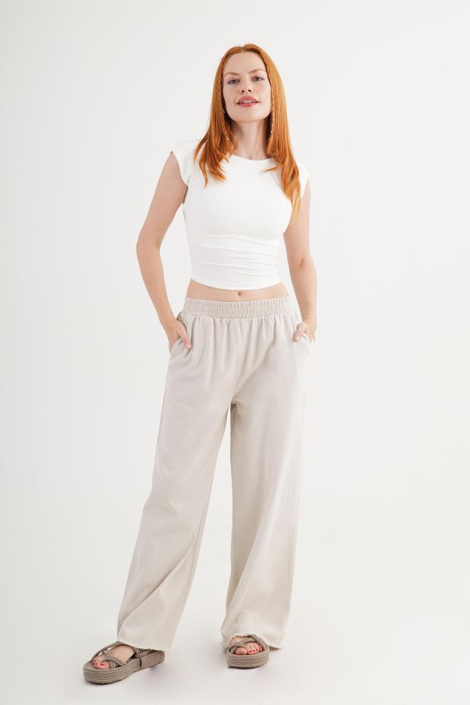 Lustrin Beige Palazzo Pants With Wide Leg And Slant Pockets Wholesale Clothing Beach