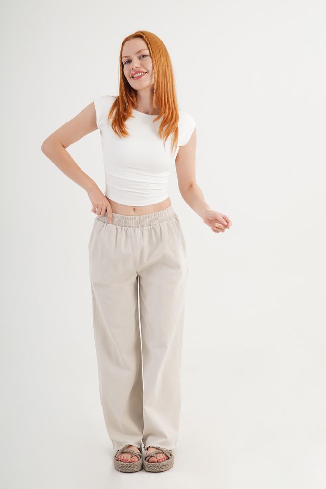 Lustrin Beige Palazzo Pants With Wide Leg And Slant Pockets Wholesale Clothing 1