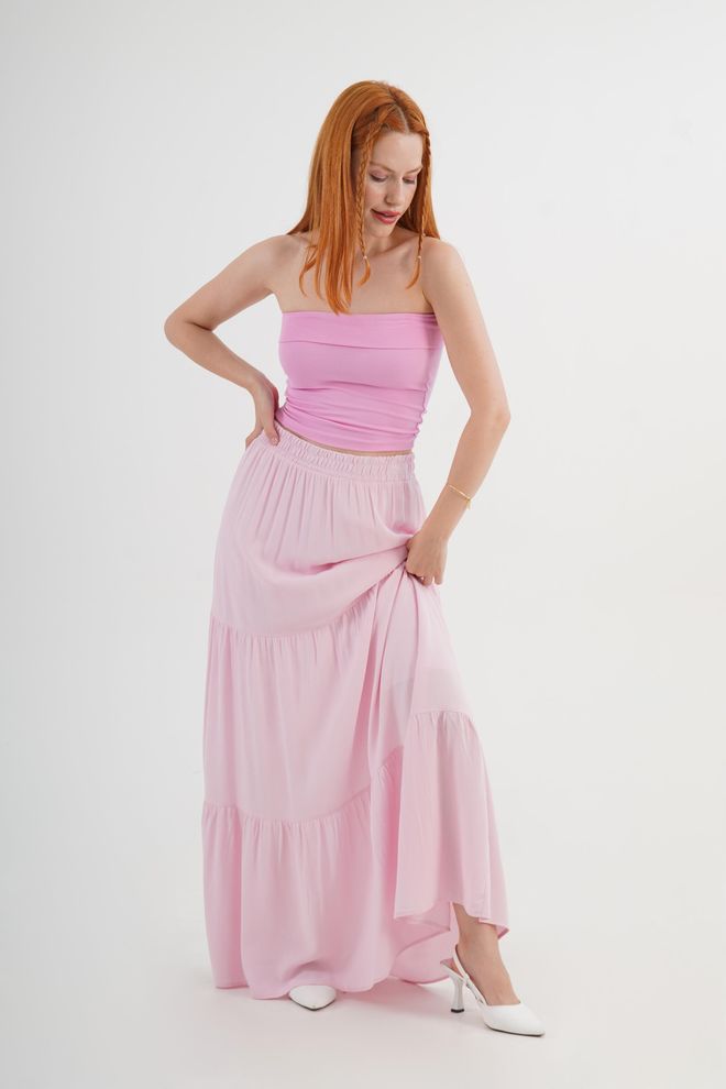 Lustrin Gonna Maxi Rosa A Strati Vita Media Casual Boho Abbigliamento all'ingrosso Casuale