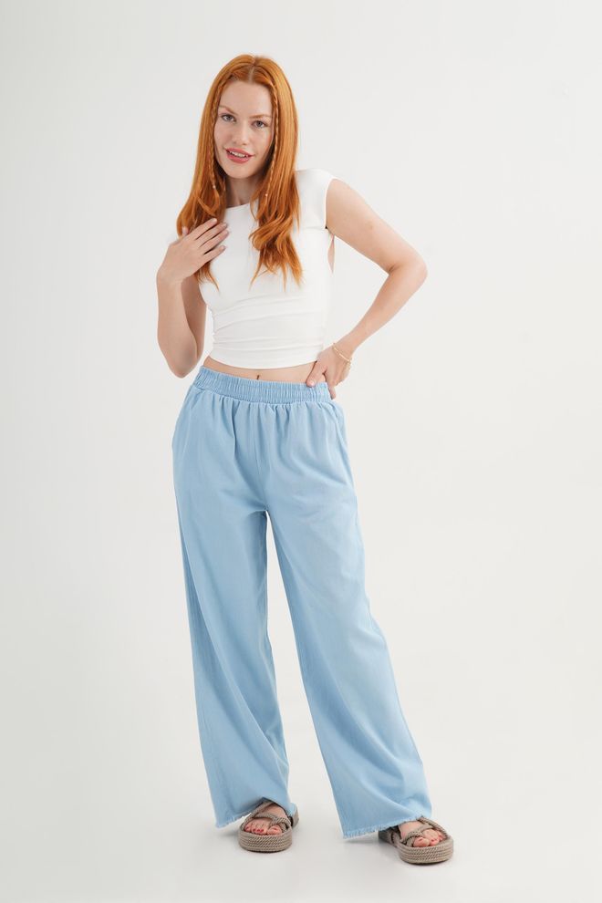 Lustrin Blue Palazzo Pants With High Waist And Wide Leg Wholesale Clothing 1