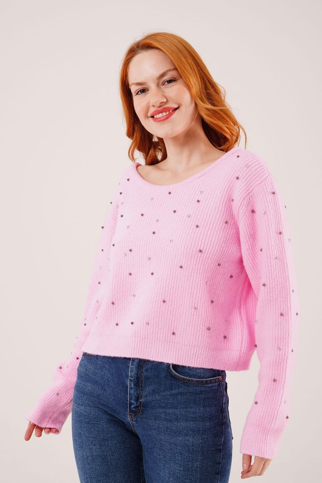 Lustrin Pink Sweater Oversized Fit Sequined Casual Glam Wholesale Clothing Casual