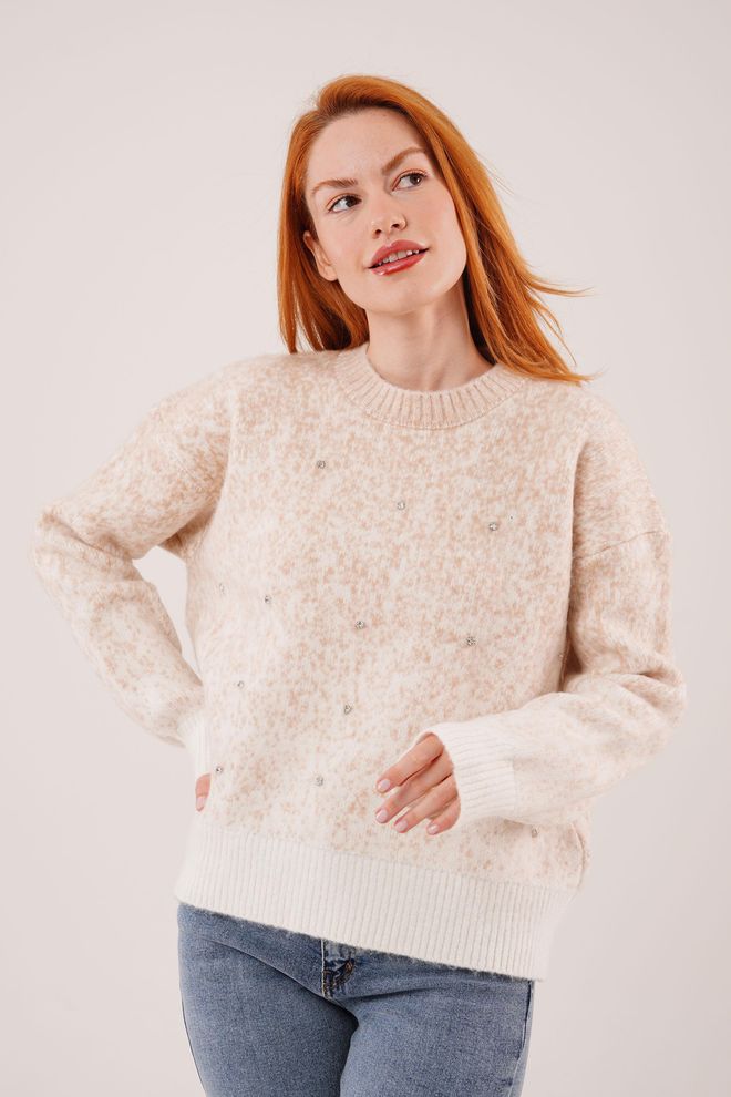 Lustrin Pull Over Beige À Taille Grande Et Col Ras Du Cou Vêtements en gros Décontracté