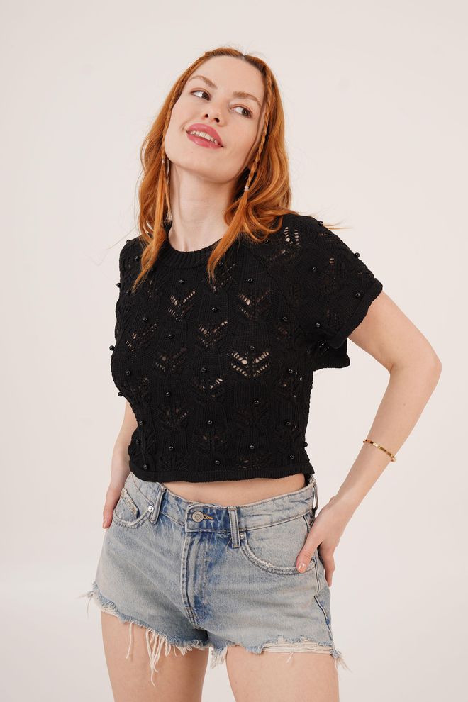 Lustrin Siyah Gündelik Boho Crop Top Toptan Giyim Gündelik