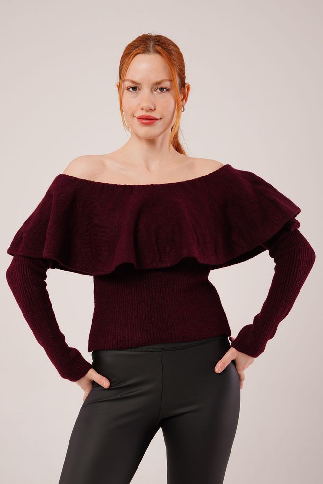 Lustrin Claret Red Sweater With Off Shoulder Neck Wholesale Clothing Casual
