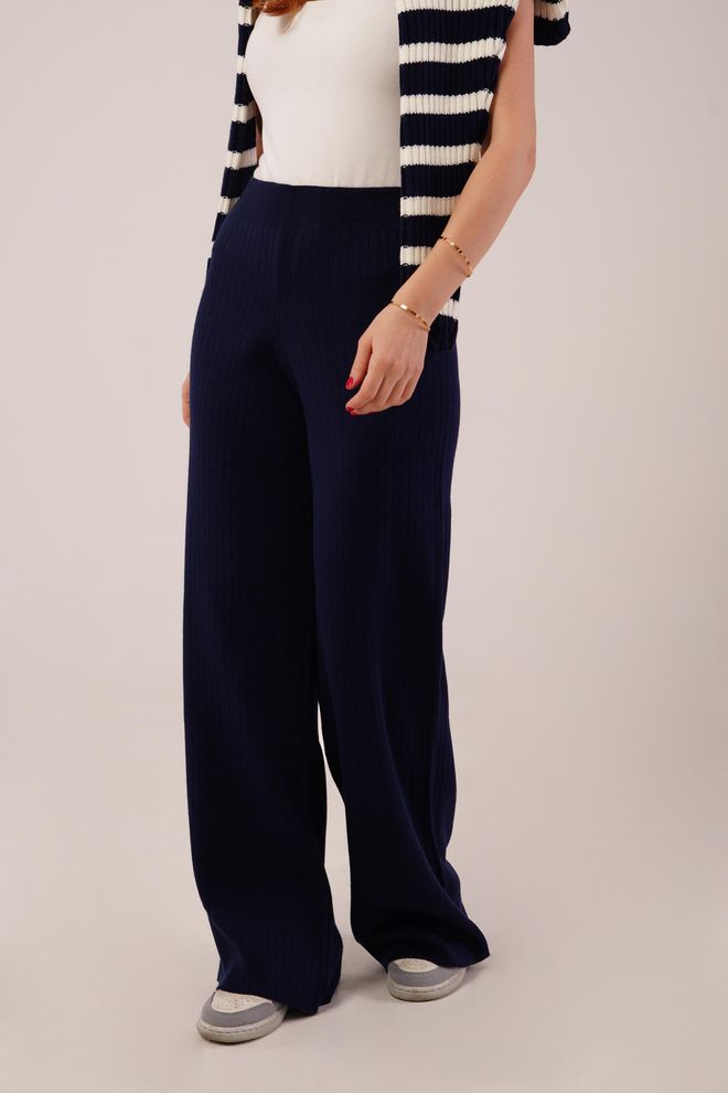 Lustrin Navy Blue High Waist Palazzo Pants Wholesale Clothing 1