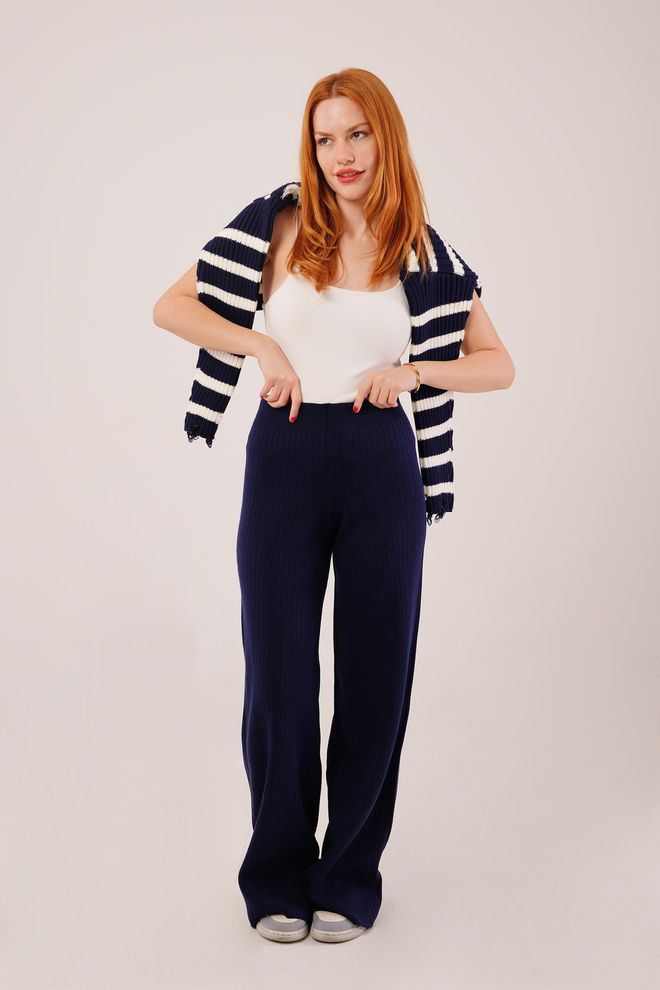 Lustrin Navy Blue High Waist Palazzo Pants Wholesale Clothing Spring
