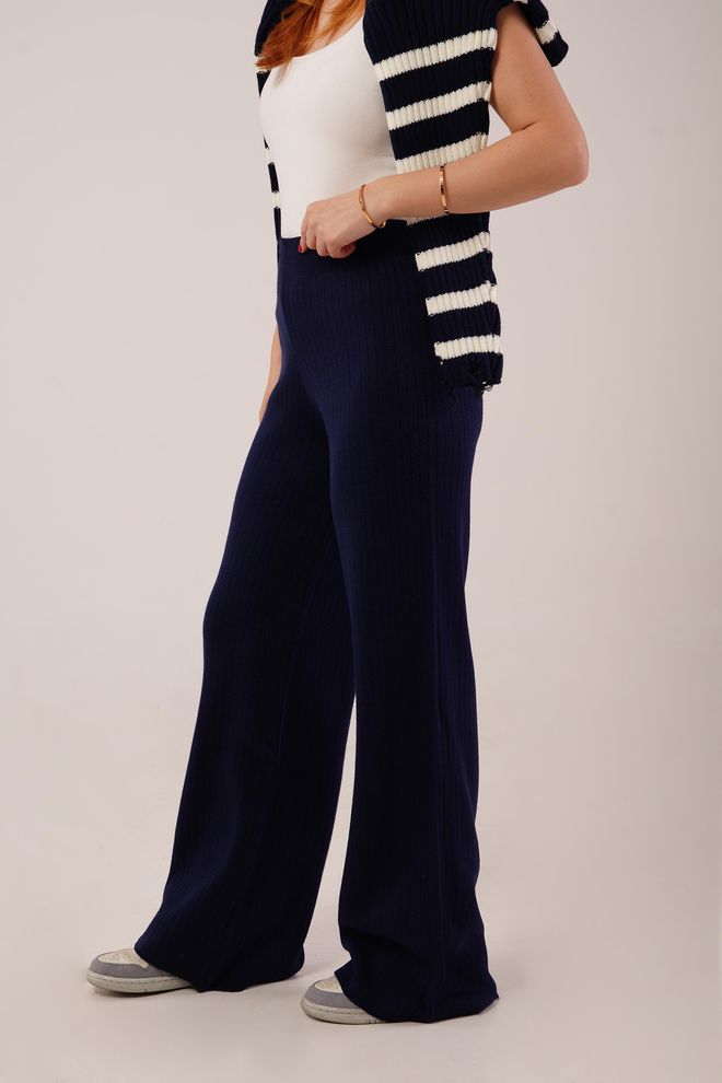 Lustrin Navy Blue High Waist Palazzo Pants Wholesale Clothing Casual