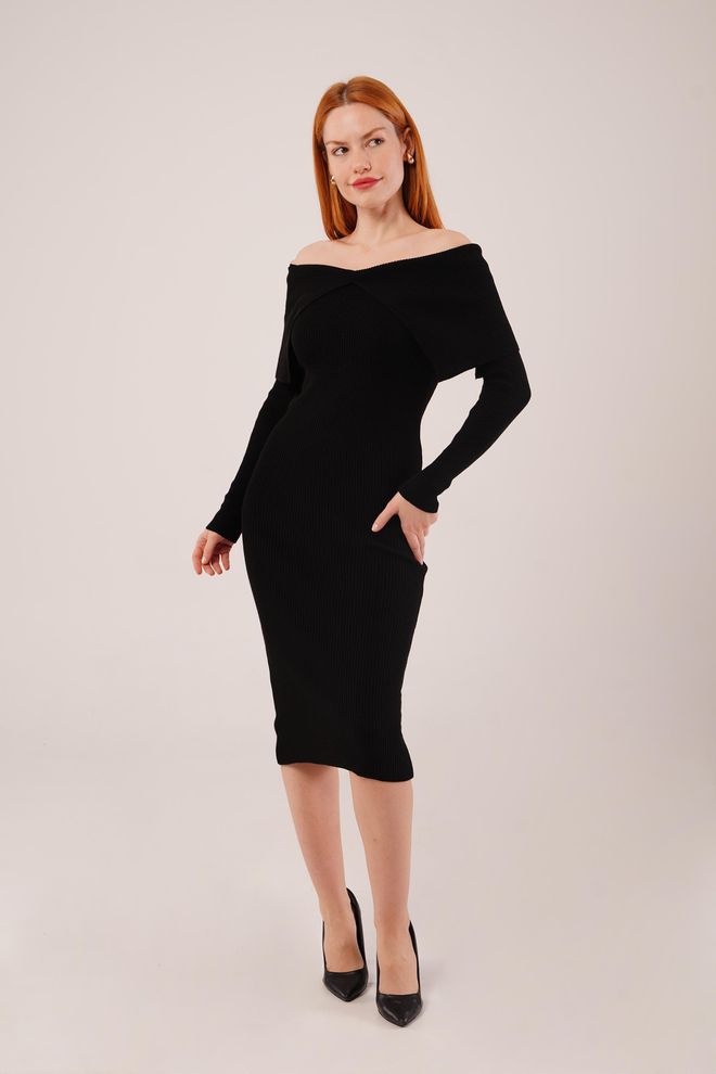 Lustrin Κομψό Μαύρο Bodycon Midi Φόρεμα Με Λαιμόκοψη Χωρίς Ωμους Χονδρικό εμπόριο ενδυμάτων Σέξι