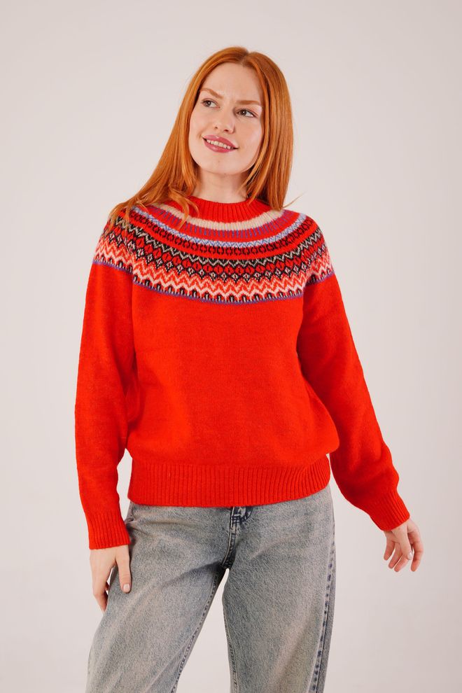Lustrin Roter Pullover Mit Rundhalsausschnitt Und Langen Ärmeln Großhandelskleidung Lässig