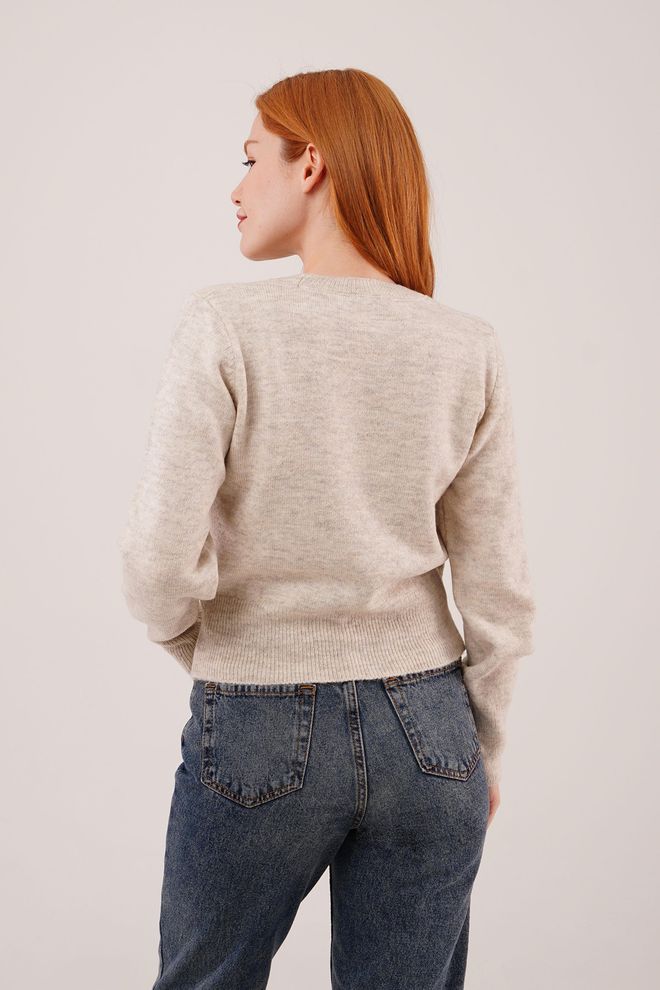 Lustrin Beige Casual Sweater With Round Neck And Long Sleeves Wholesale Clothing Spring