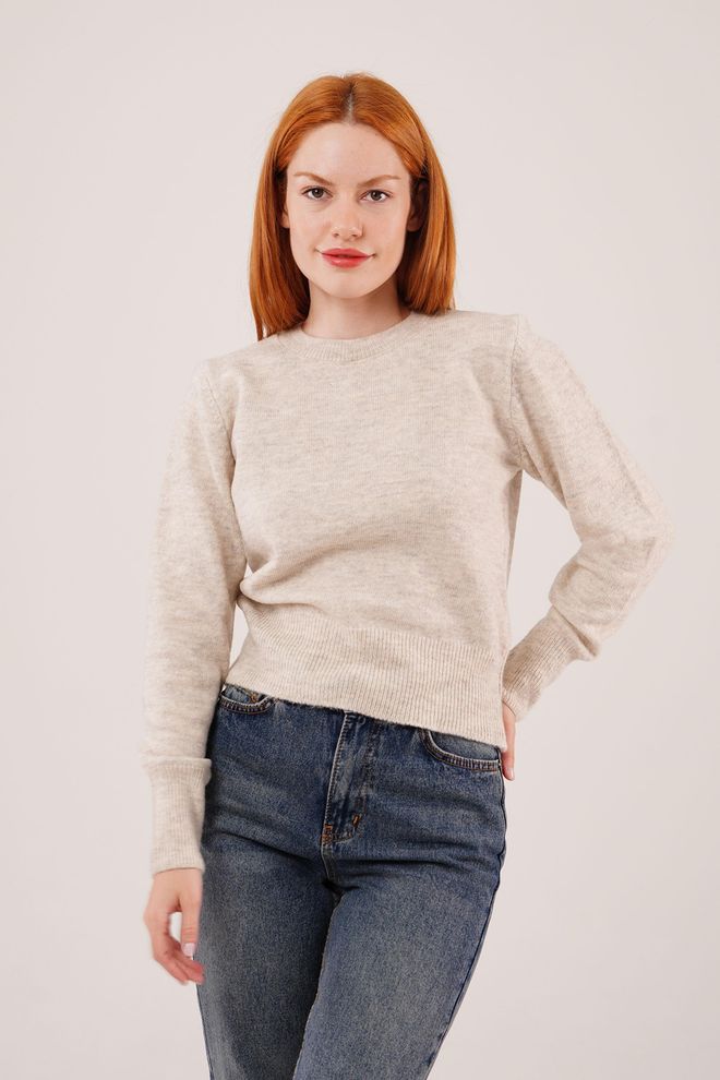 Lustrin Beige Casual Sweater With Round Neck And Long Sleeves Wholesale Clothing 1