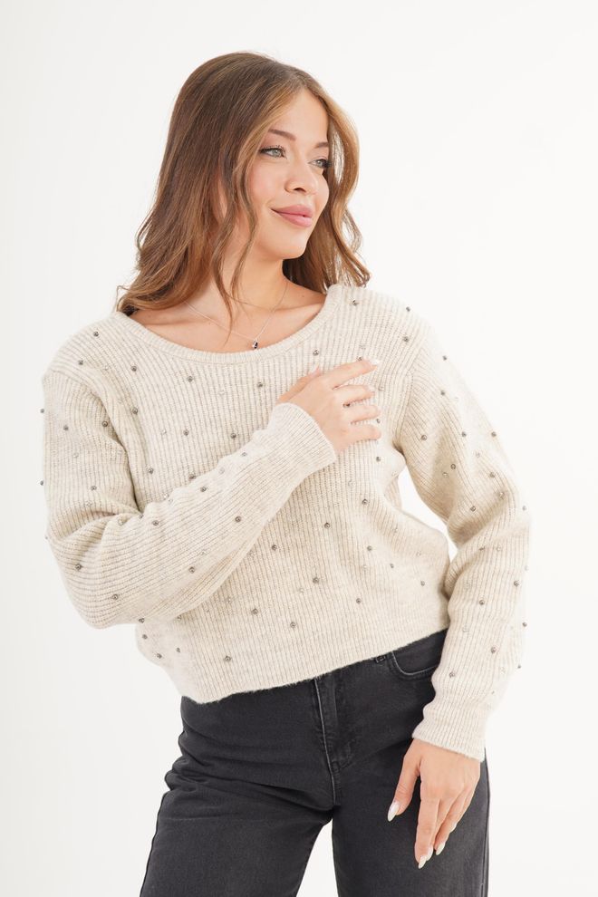 Lustrin Μπεζ Πουλόβερ Με Sequined Σχέδιο Casual Ρετρό Στυλ Χονδρικό εμπόριο ενδυμάτων Casual