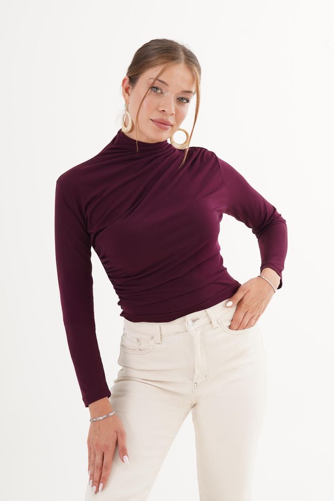 Lustrin Μπλούζα Μπορντό Κομψή Slim Fit Ψηλός Λαιμός Μακρύ Μανίκι Χονδρικό εμπόριο ενδυμάτων Casual