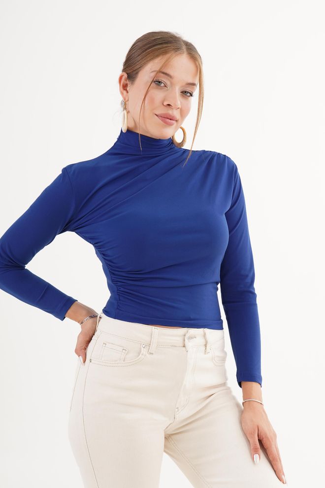 Lustrin Μπλε Κομψό Slim Fit Μπλούζα Με Ψηλή Λαιμόκοψη Χονδρικό εμπόριο ενδυμάτων Casual