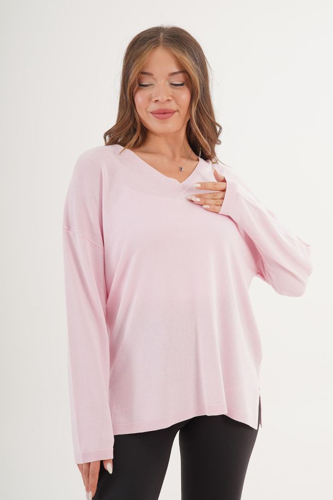 Lustrin Ροζ Πουλόβερ Μεγάλα Μεγέθη V Neck Μακρύ Μανίκι Casual Χονδρικό εμπόριο ενδυμάτων Απλό