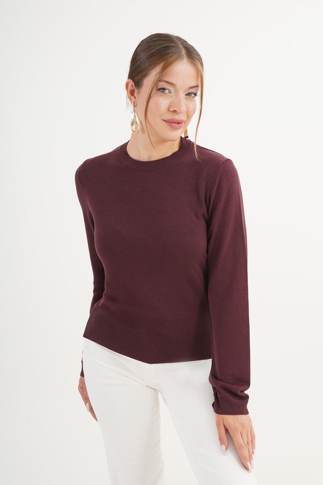 Lustrin Μπορντό Πουλόβερ Slim Fit Με Στρογγυλή Λαιμόκοψη Χονδρικό εμπόριο ενδυμάτων Casual