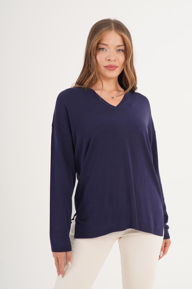 Lustrin Μπλε Μαρέν Πουλόβερ Μεγάλα Μεγέθη V Neck Μακρύ Μανίκι Χονδρικό εμπόριο ενδυμάτων Casual